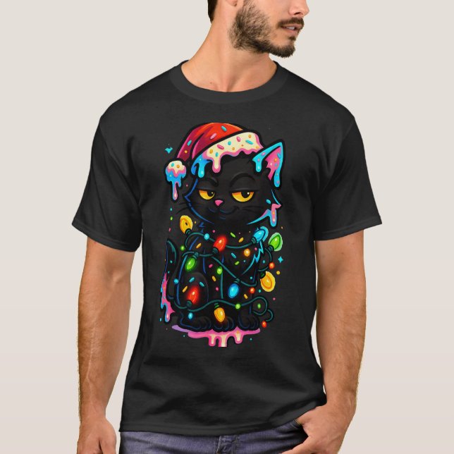 Black Cat Christmas Ice Cream Drip Santa Hat Cute  T Shirt (Framsida)