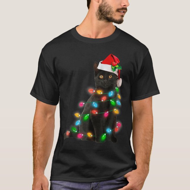 Black Cat Christmas Light Cat Lover Christmas  T Shirt (Framsida)