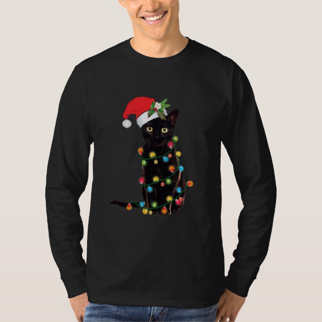 Black Cat christmas Light lustig cat-älskare T Shirt (Framsida)