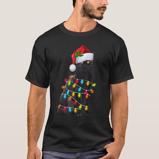 Black Cat Christmas Light Santa Hat  Cat  Xmas 2 T Shirt (Framsida)