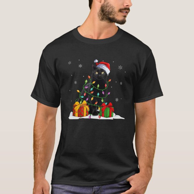 Black Cat Christmas Light  Santa Hat Cat  Xmas T Shirt (Framsida)