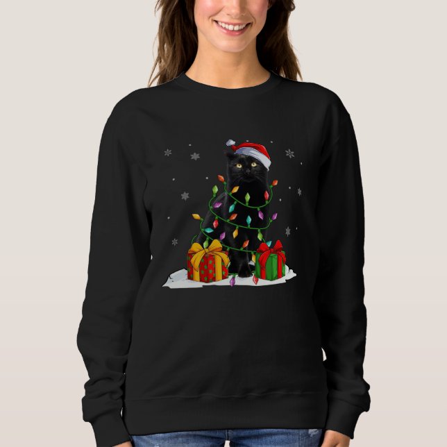 Black Cat Christmas Light  Santa Hat Cat  Xmas T Shirt (Framsida)
