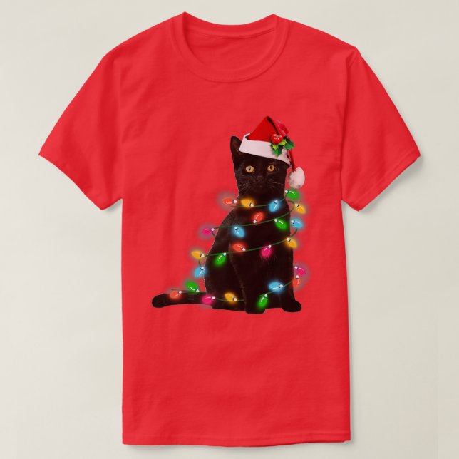 Black Cat christmas light t funny cat lover christ T Shirt (Design framsida)
