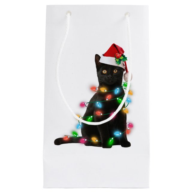 Black Cat christmas light tshirt lustilt cat lover (Framsidan)