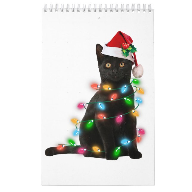Black Cat christmas light tshirt lustilt cat lover Kalender (Omslag)