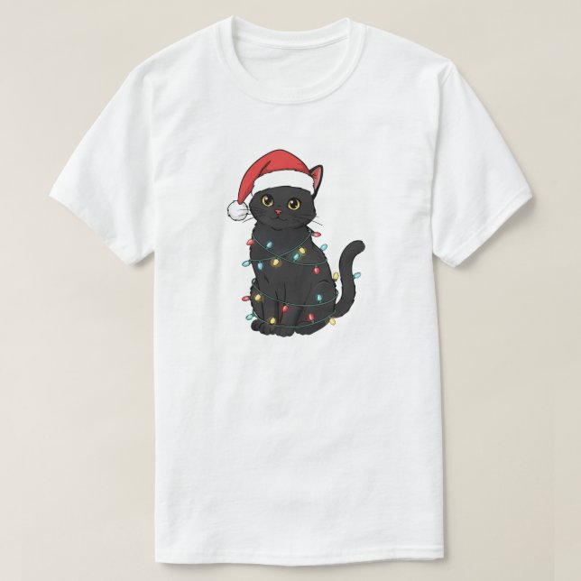 Black Cat Christmas Lights – Funny Santa Kitten  T Shirt (Design framsida)