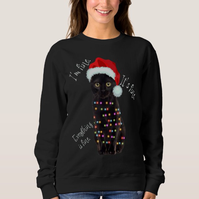 Black Cat Christmas Lights  I'm Fine It's Fine T Shirt (Framsida)