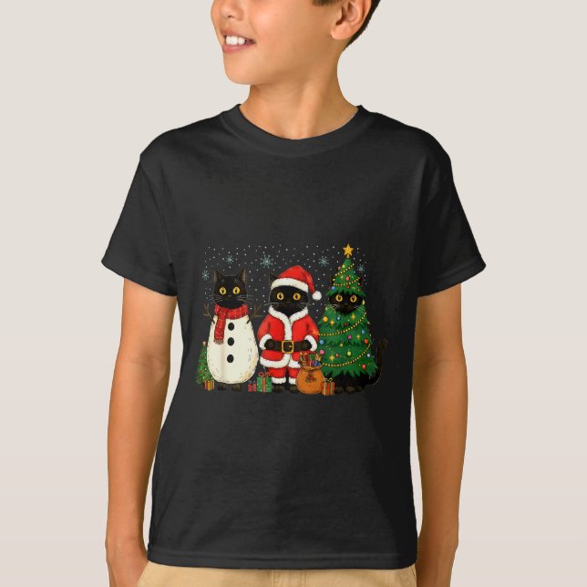 Black Cat Christmas Lights Reindeer Santa Meowy Ca T Shirt (Framsida)