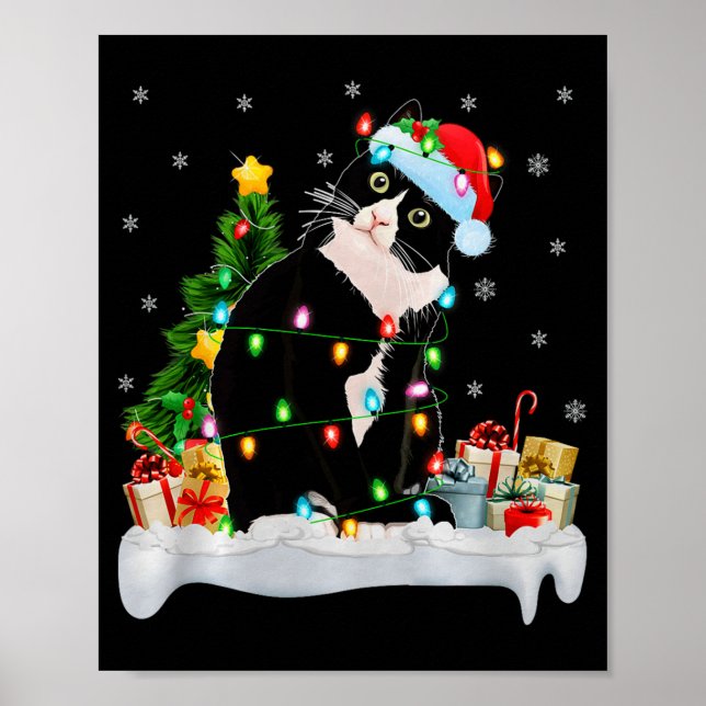 Black Cat Christmas Lights Santa Hat Black Cat Lov Poster (Framsidan)