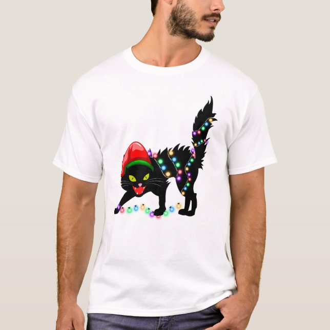 Black Cat christmas ljus Manar T-Shirt (Framsida)