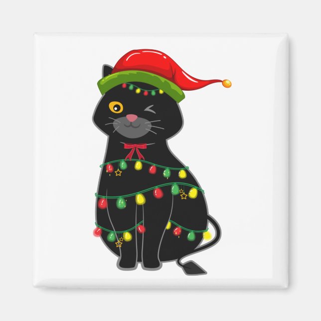 Black Cat christmas ljus Square Magnet (Framsidan)