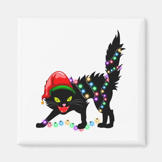 Black Cat christmas ljus Square Magnet (Framsidan)