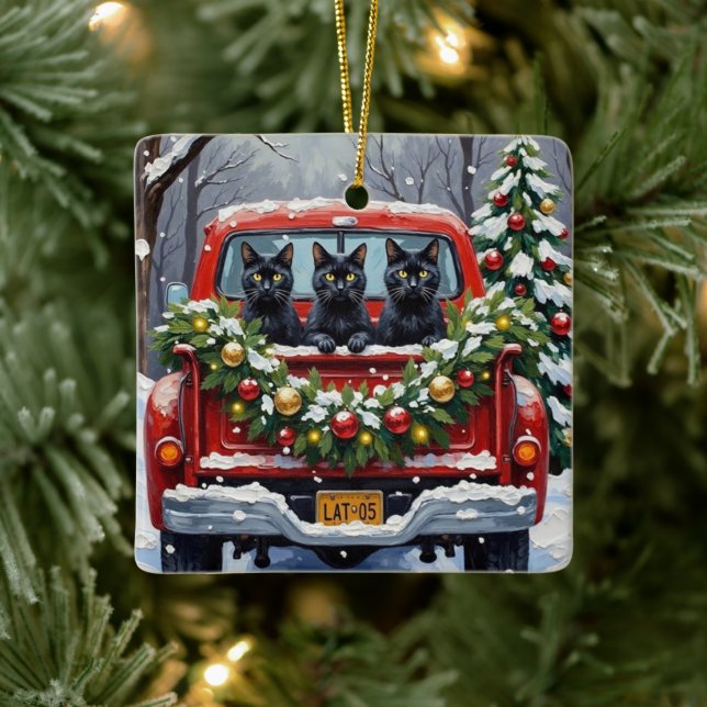 Black Cat Christmas Red Truck Holiday Julgransprydnad Keramik (Träd)