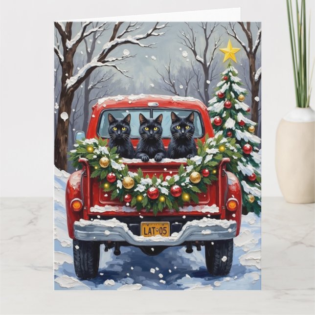 Black Cat Christmas Red Truck Holiday Kort (Framsida)