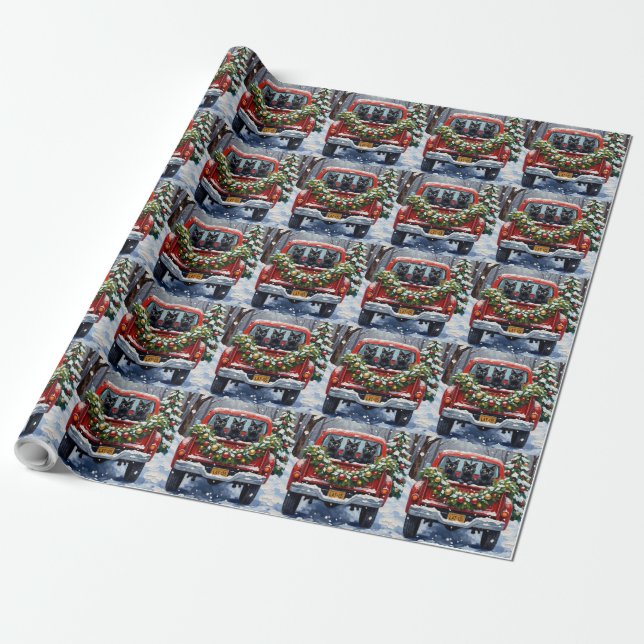 Black Cat Christmas Red Truck Holiday Presentpapper (Utrullad)