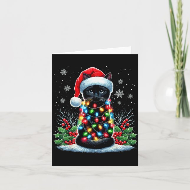 Black Cat Christmas Santa Hat Funny Meowy Cat  Kort (Framsida)