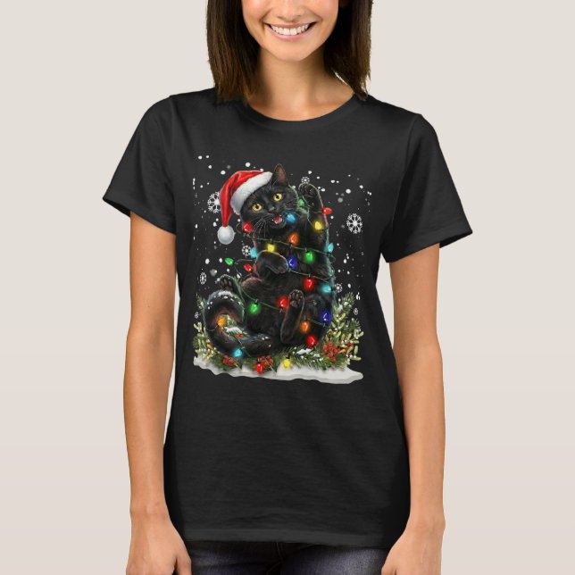 Black Cat Christmas Santa Hat Funny Meowy Catmas T Shirt (Framsida)