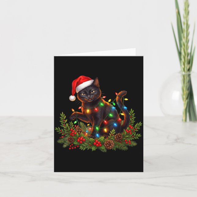 Black Cat Christmas Santa Hat Funny Meowy Cats Wom Kort (Framsida)