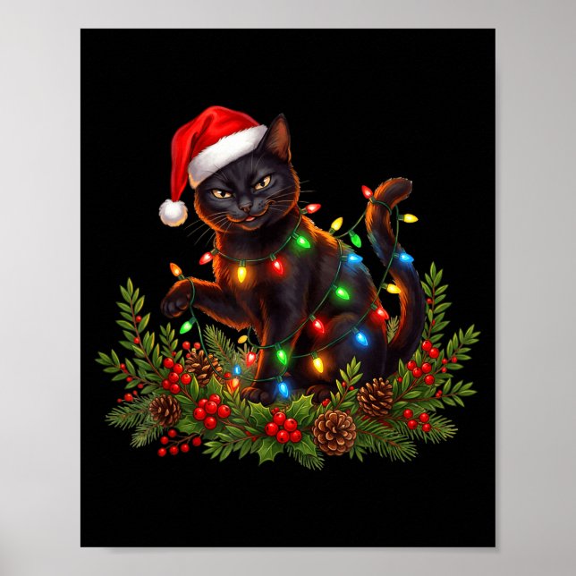 Black Cat Christmas Santa Hat Funny Meowy Cats Wom Poster (Framsidan)