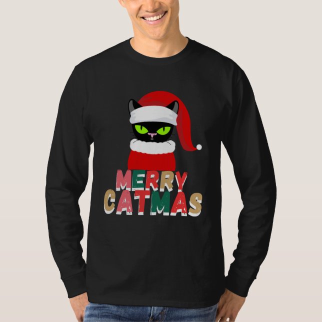 black cat Christmas Santa Hat T Shirt (Framsida)