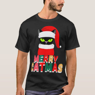 black cat Christmas Santa Hat T Shirt