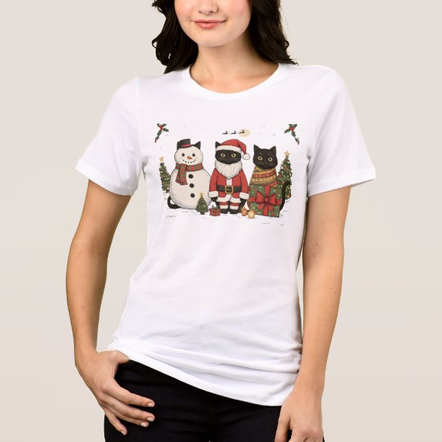 Black Cat Christmas Santa Snowman Cute Gift T Shirt (Framsida)