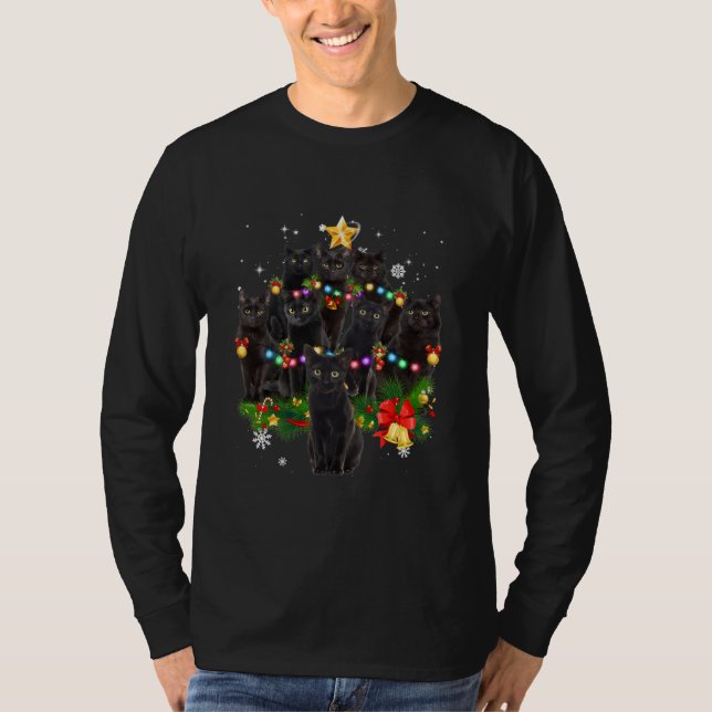 Black Cat Christmas Tree Lights Cats Lover T Shirt (Framsida)