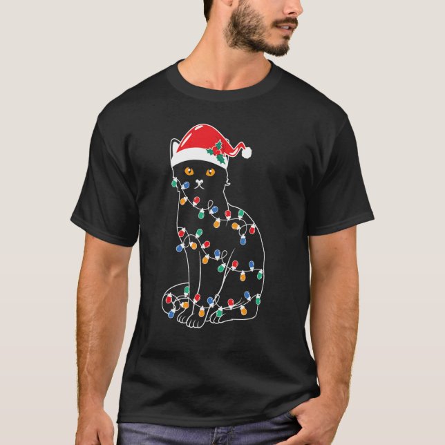 Black Cat Christmas Tree Lights   Santa Kitten Led T Shirt (Framsida)