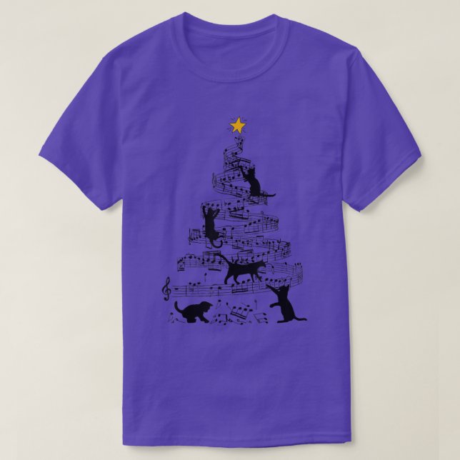 Black Cat Climbing Music Note Christmas Tree  T Shirt (Design framsida)
