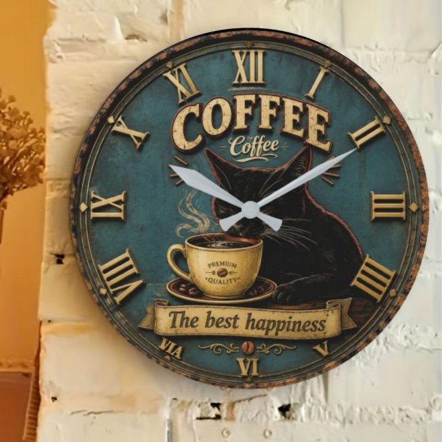 Black Cat Coffee Lover Farmhouse Kitchen Decor Stor Klocka (Skapare uppladdad)