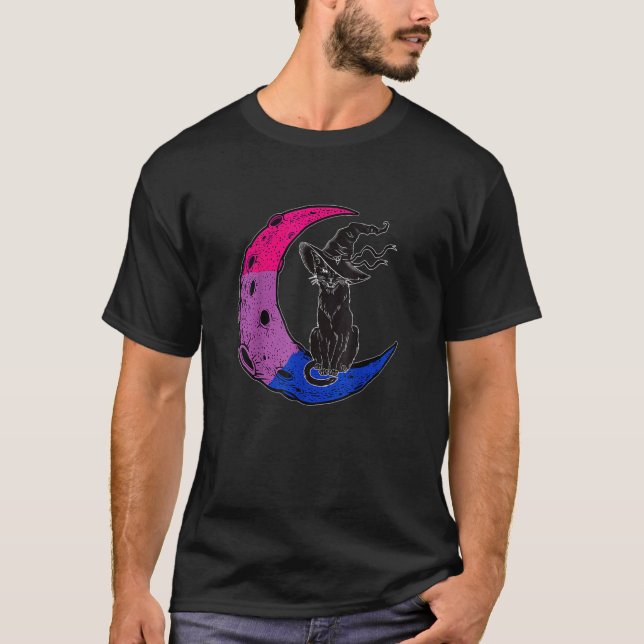 Black Cat Costume Bisexual Måne Space Cat Witch Ha T Shirt (Framsida)