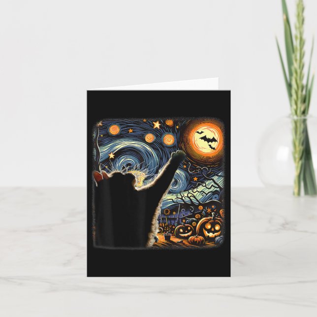 Black Cat Costume Van Gogh Starry Night Funny Cat Kort (Framsida)