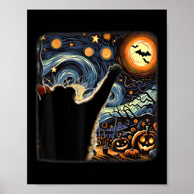Black Cat Costume Van Gogh Starry Night Funny Cat Poster (Framsidan)