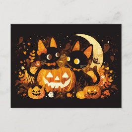 Black Cat Couple med Pumpkins och Måne Helg Vykort