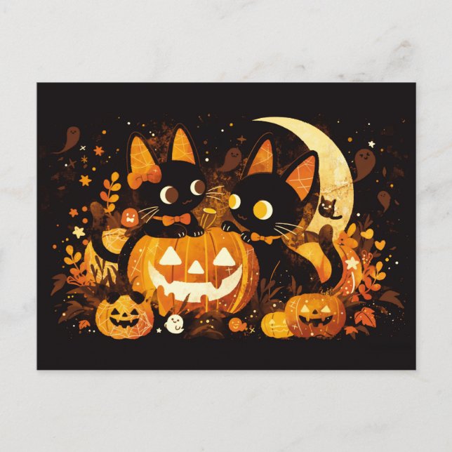 Black Cat Couple med Pumpkins och Måne Helg Vykort (Framsida)