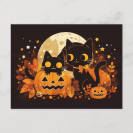 Black Cat Couple med Pumpkins och Måne Helg Vykort