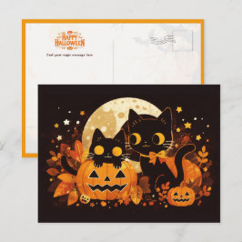 Black Cat Couple med Pumpkins och Måne Vykort