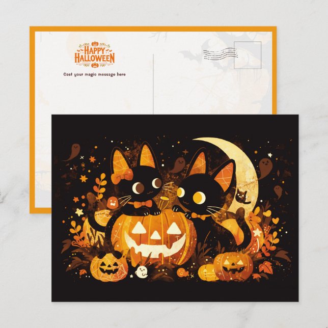 Black Cat Couple med Pumpkins och Måne Vykort (Fram/baksida)