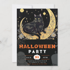 Black Cat Crescent Måne Blommigt Black Halloween Inbjudningar