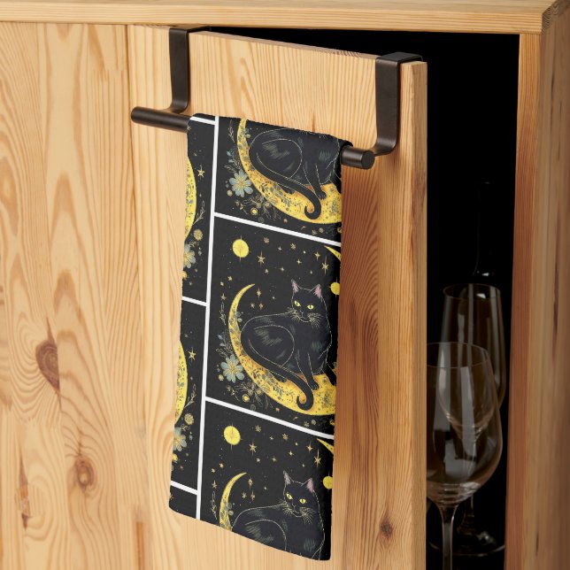 Black Cat Crescent Måne Blommigt White Halloween Kökshandduk (Thirds Fold)