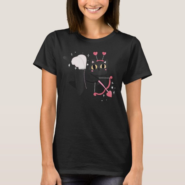 Black Cat Cupid for Valentine Day Kitten Heart T Shirt (Framsida)