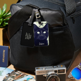 Black Cat Cute Animal Photo Personlig Namn Bagagebricka