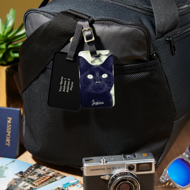 Black Cat Cute Animal Photo Personlig Namn Bagagebricka (Fram & Baksida)