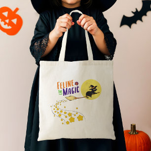 Black Cat Cute Modern Halloween, grått, svart katt Tygkasse