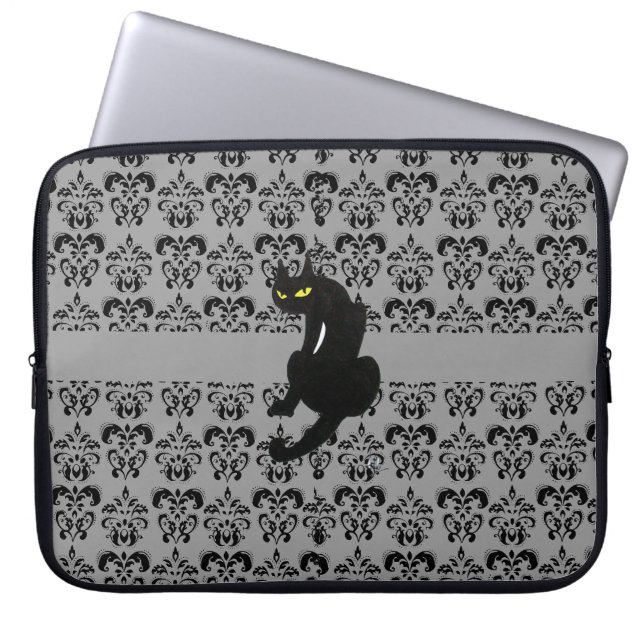 BLACK CAT DAMASK Black grått Laptop Fodral (Framsidan)
