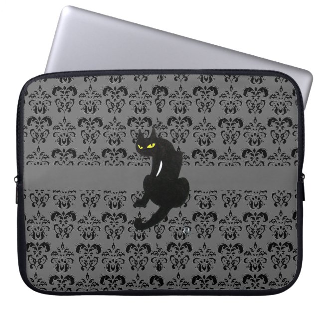 BLACK CAT DAMASK Black grått Laptop Fodral (Framsidan)