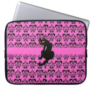 BLACK CAT DAMASK Black lila Laptop Sleeve