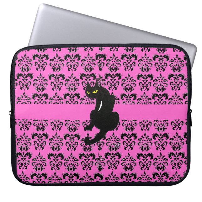 BLACK CAT DAMASK Black lila Laptop Sleeve (Framsidan)