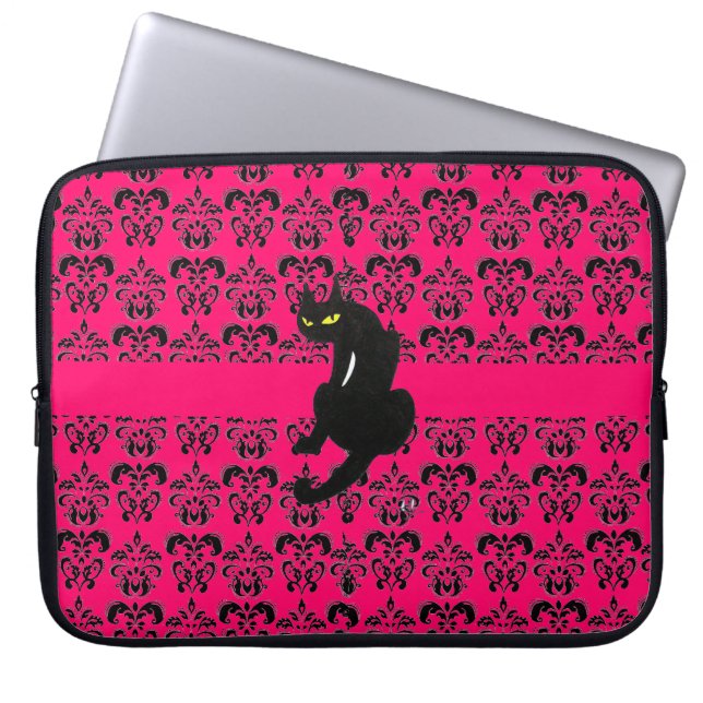 BLACK CAT DAMASK Black rosa fuchsia Laptop Sleeve (Framsidan)