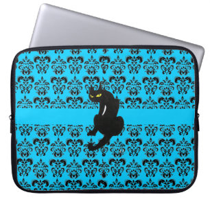 BLACK CAT DAMASK Blue Black Laptop Fodral